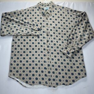 World Island Shirt Mens XL Tan Cotton Twill Medallion Print Button Up Made in Us